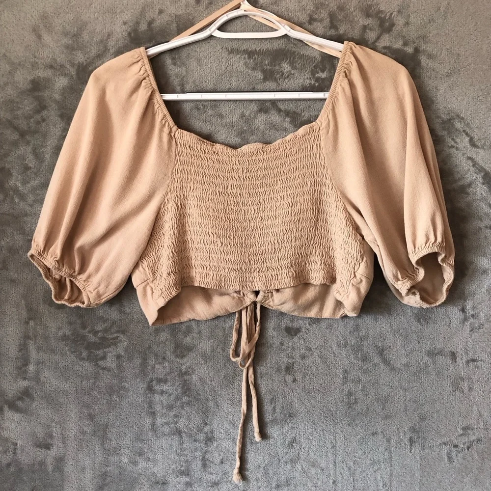 Wild Fable Puff Sleeve Crop Blouse Size L Elastic Back Boho Peasant Lightweight